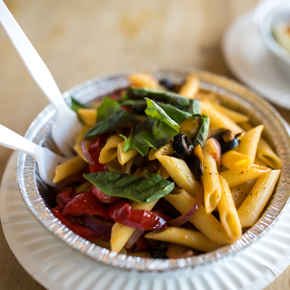 Penne pasta with red peppers, black olives, and fresh basil in a foil container with plastic forks.