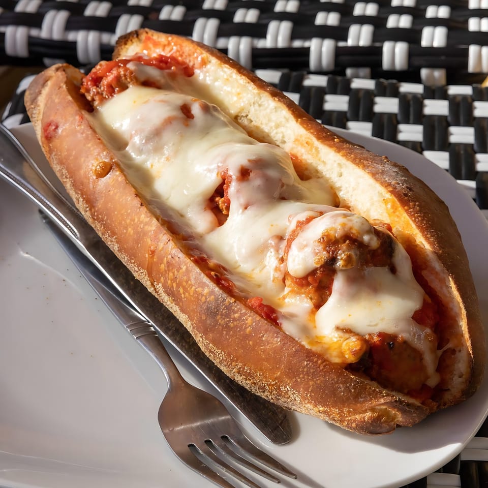 Joe's Pizza meatball sub with melted mozzarella cheese and marinara sauce on a white plate.