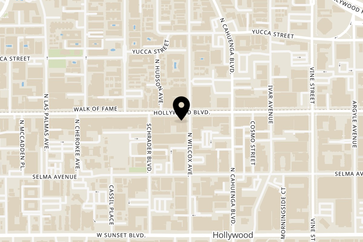 Map showing the location of Joe's pizza Hollywood Blvd on 6504 Hollywood Blvd in Los Angeles